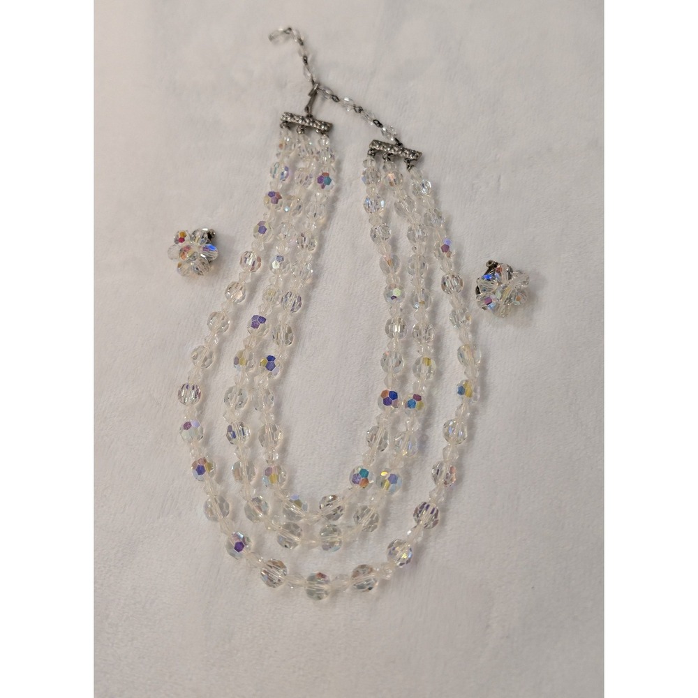 Vintage Aurora Borealis Crystal 3 Strand Necklace and Clip On Earrings Set